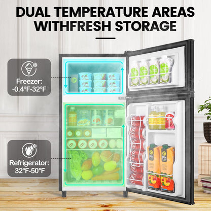 3.5 Cu Ft Two Door Mini Fridge with Freezer, Black