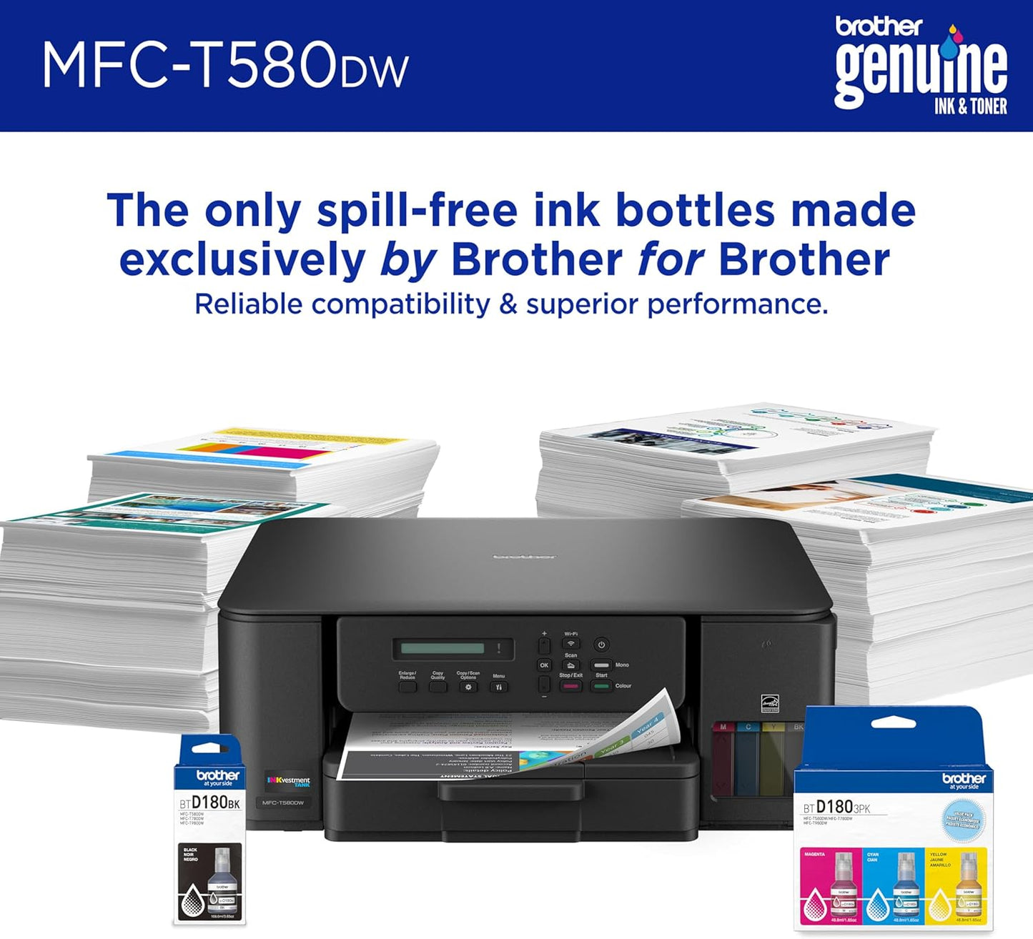Brother Inkvestment Tank 580 Wireless Color Inkjet All-In-One Printer | Includes up to 3 Years of Ink In-Box(1) and 3-Year Limited Warranty(2) (MFC-T580DW)