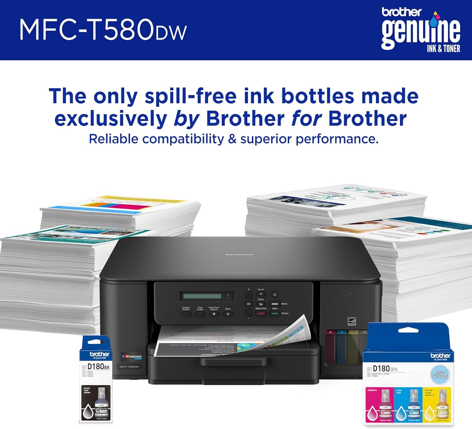 Brother Inkvestment Tank 580 Wireless Color Inkjet All-In-One Printer | Includes up to 3 Years of Ink In-Box(1) and 3-Year Limited Warranty(2) (MFC-T580DW)