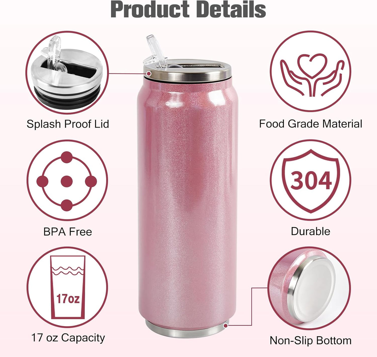 Colorsub 17 Oz Sublimation Glitter Tumblers Cans, Stainless Steel Sublimation Blanks Tumblers, Double Wall Insulated Cups Set with Lid, Straw, Gift Box, 6 Pack Pink
