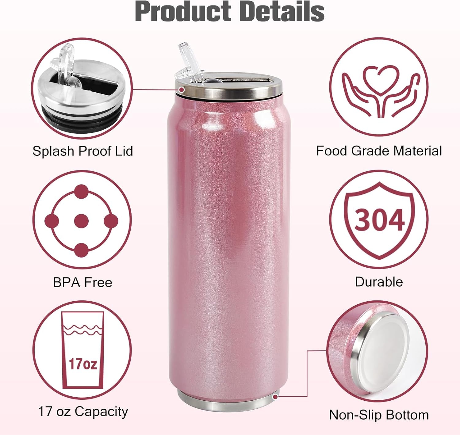 Colorsub 17 Oz Sublimation Glitter Tumblers Cans, Stainless Steel Sublimation Blanks Tumblers, Double Wall Insulated Cups Set with Lid, Straw, Gift Box, 6 Pack Pink
