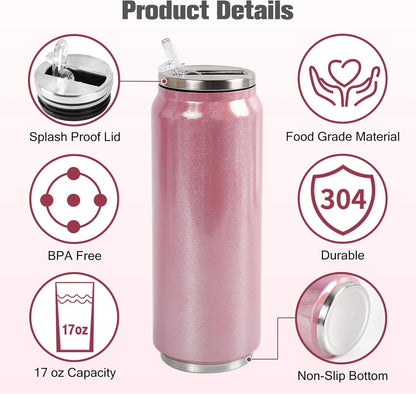 Colorsub 17 Oz Sublimation Glitter Tumblers Cans, Stainless Steel Sublimation Blanks Tumblers, Double Wall Insulated Cups Set with Lid, Straw, Gift Box, 6 Pack Pink