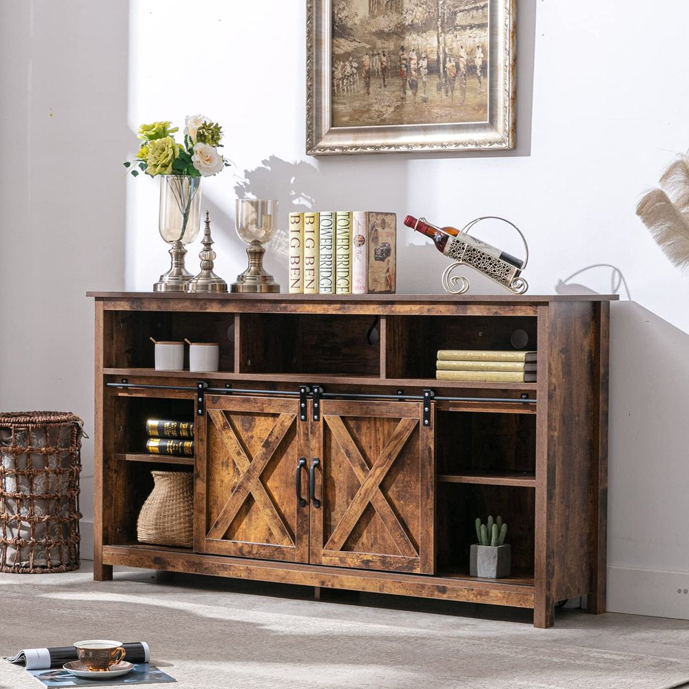 4 Layer Farmhouse Coffee Bar Cabinet with Power Outlet & LED Light, 57" Barn Door Buffet Cabinet Kitchen Storage with Adjustable Shelves(Brown)