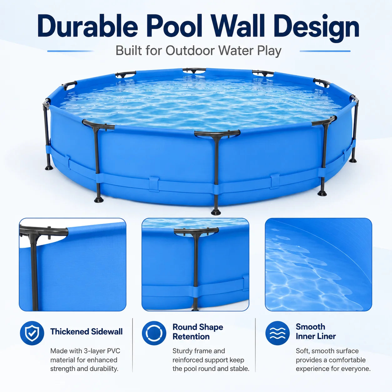 above Ground Swimming Pools, Large round Frame Outdoor Pool W/Sturdy Iron Support for Backyard, Patio & Garden, Easy Setup Family Pool for Kids and Adults Summer Water Fun