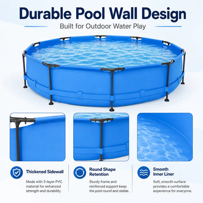above Ground Swimming Pools, Large round Frame Outdoor Pool W/Sturdy Iron Support for Backyard, Patio & Garden, Easy Setup Family Pool for Kids and Adults Summer Water Fun