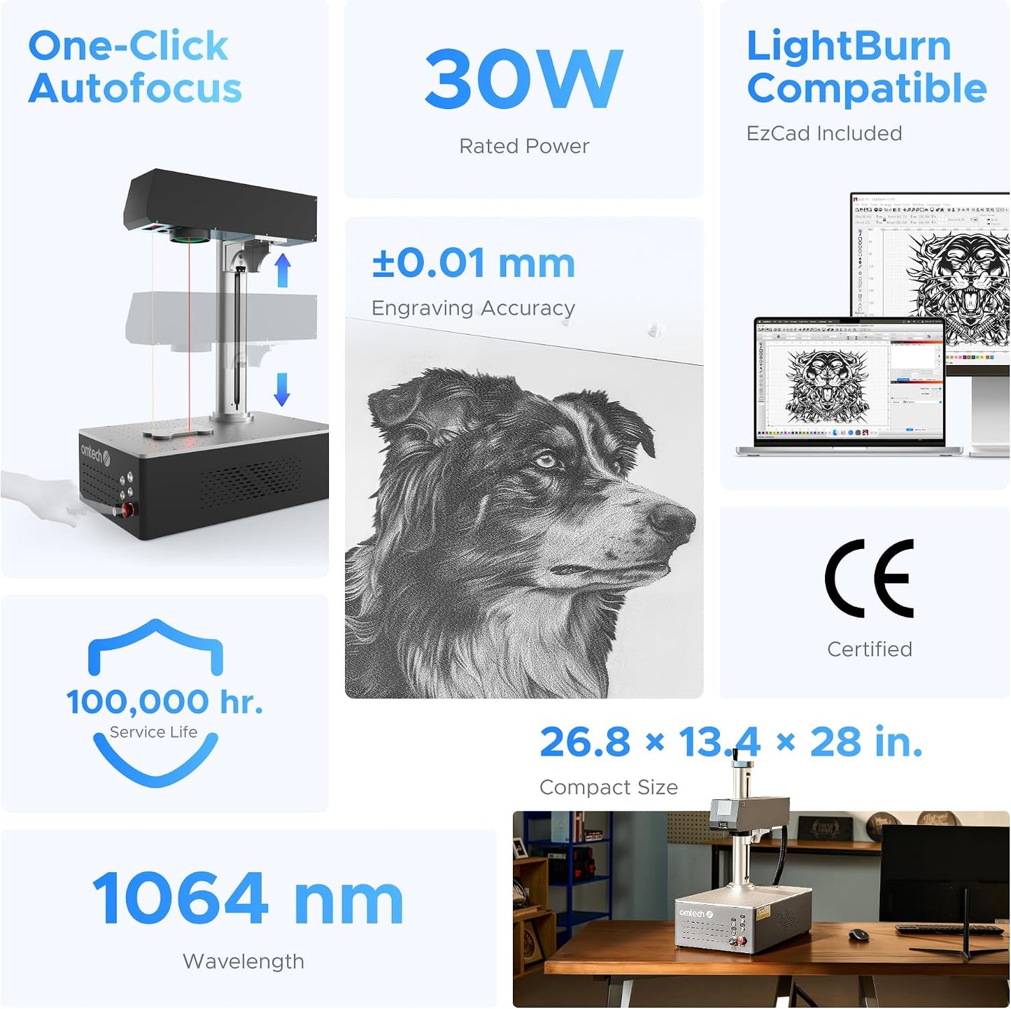 Omtech 30W Autofocus Fiber Laser Marking Machine with Rotary Axis, Fiber Laser Engraver for Metal Marking, 6" X 6" Workbed Fiber Laser Engraver Cutter with Ezcad, 100,000 Hr. Life Etching Machine