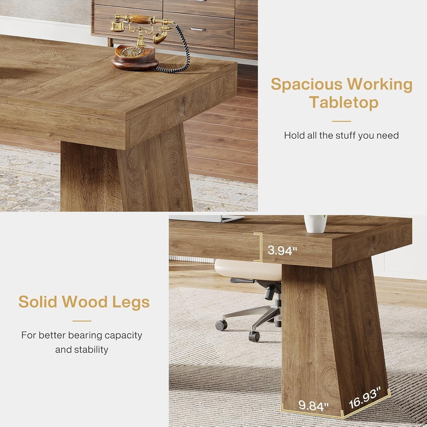 55 Inches Executive Desk, Mid-Century Modern Home Office Desk with Double Trapezoid Base