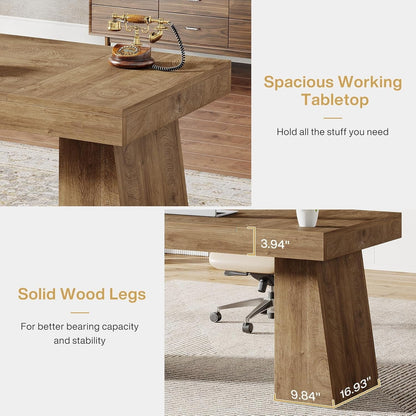 55 Inches Executive Desk, Mid-Century Modern Home Office Desk with Double Trapezoid Base