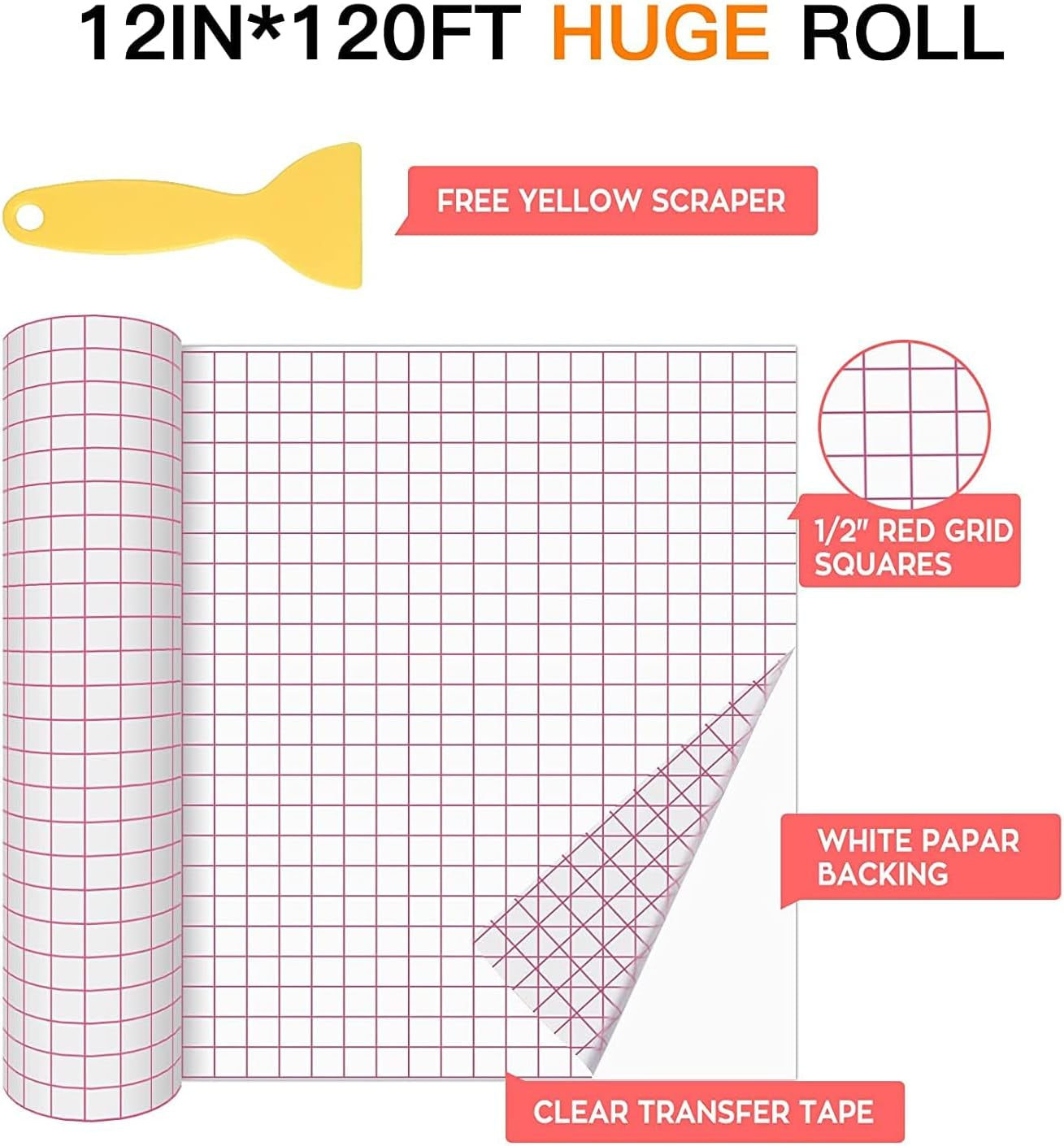 HTVRONT Transfer Tape for Vinyl - 12" X 120 Ft W/Red Alignment Grid Transfer Paper for Adhesive Vinyl, Silhouette Cameo Vinyl Transfer Tape for Vinyl for Decals,Signs, Windows, Stickers