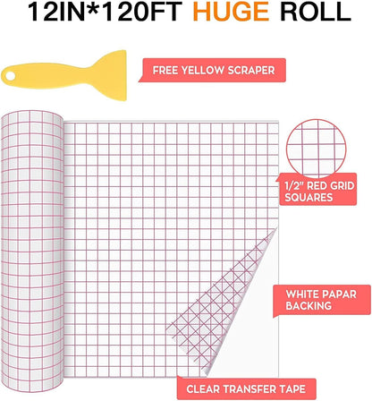 HTVRONT Transfer Tape for Vinyl - 12" X 120 Ft W/Red Alignment Grid Transfer Paper for Adhesive Vinyl, Silhouette Cameo Vinyl Transfer Tape for Vinyl for Decals,Signs, Windows, Stickers