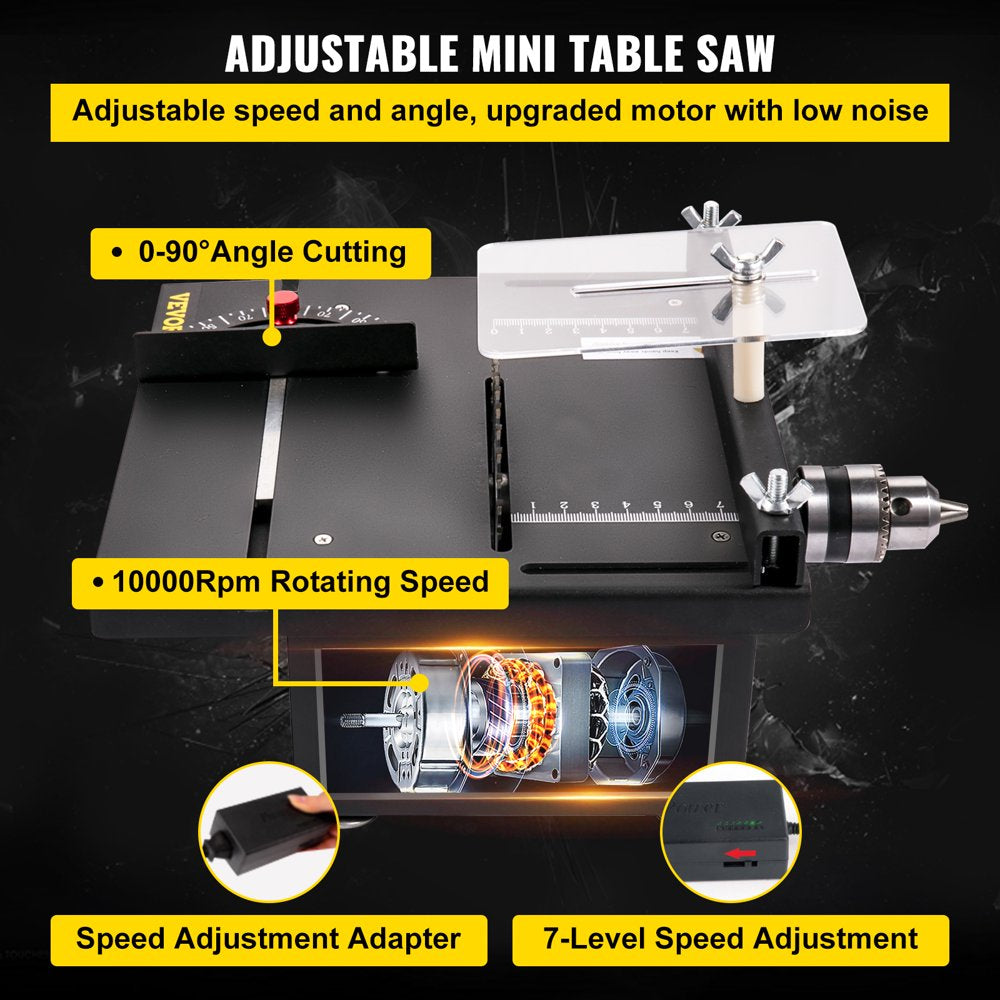 Mini Table Saw, 96W Hobby Table Saw for Woodworking, 0-90 Angle Cutting Portable DIY Saw, 7-Level Speed Adjustable Multifunctional Table Saws, 1.57In Cutting Depth Mini Precision Table Saw