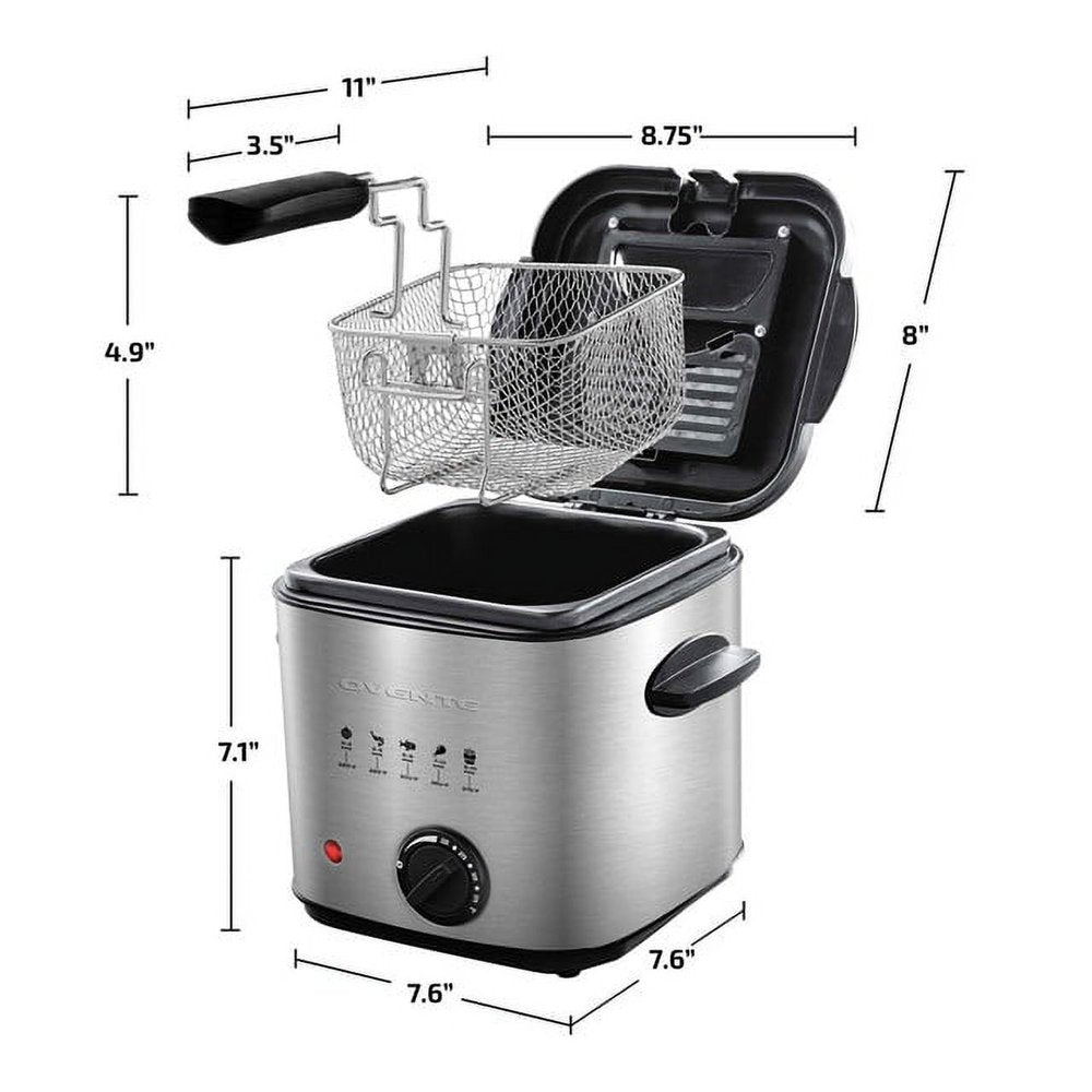 Electric Deep Fryer 1.5 Liter Capacity, Lid with Viewing Window, Removable Frying Basket, Adjustable Temperature, Cool Touch Handles and Easy to Clean Stainless Steel Body, Silver FDM1501BR