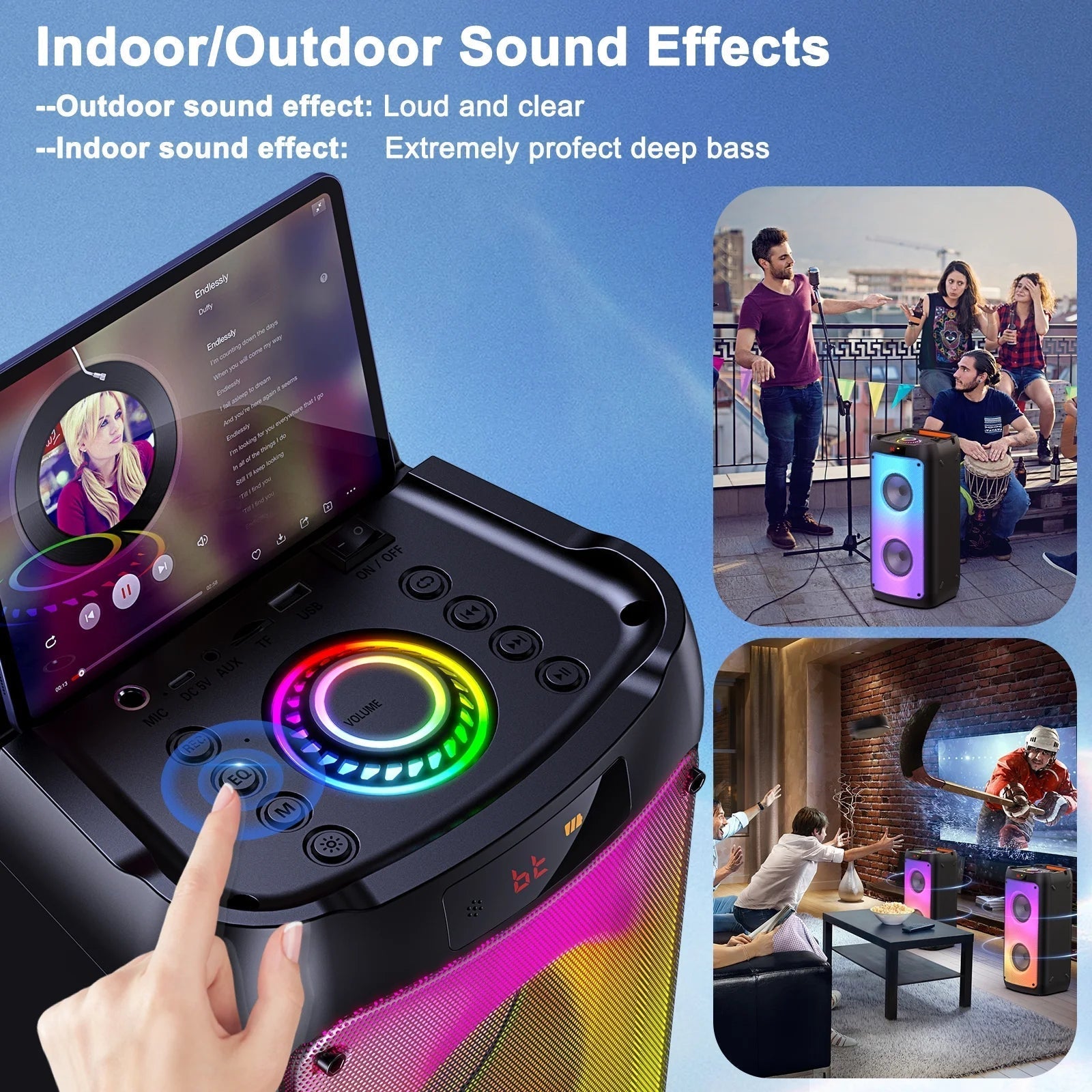 Party Speaker, Bluetooth Speaker with 2 Microphones, Dual 4'' Subwoofer Deep Bass