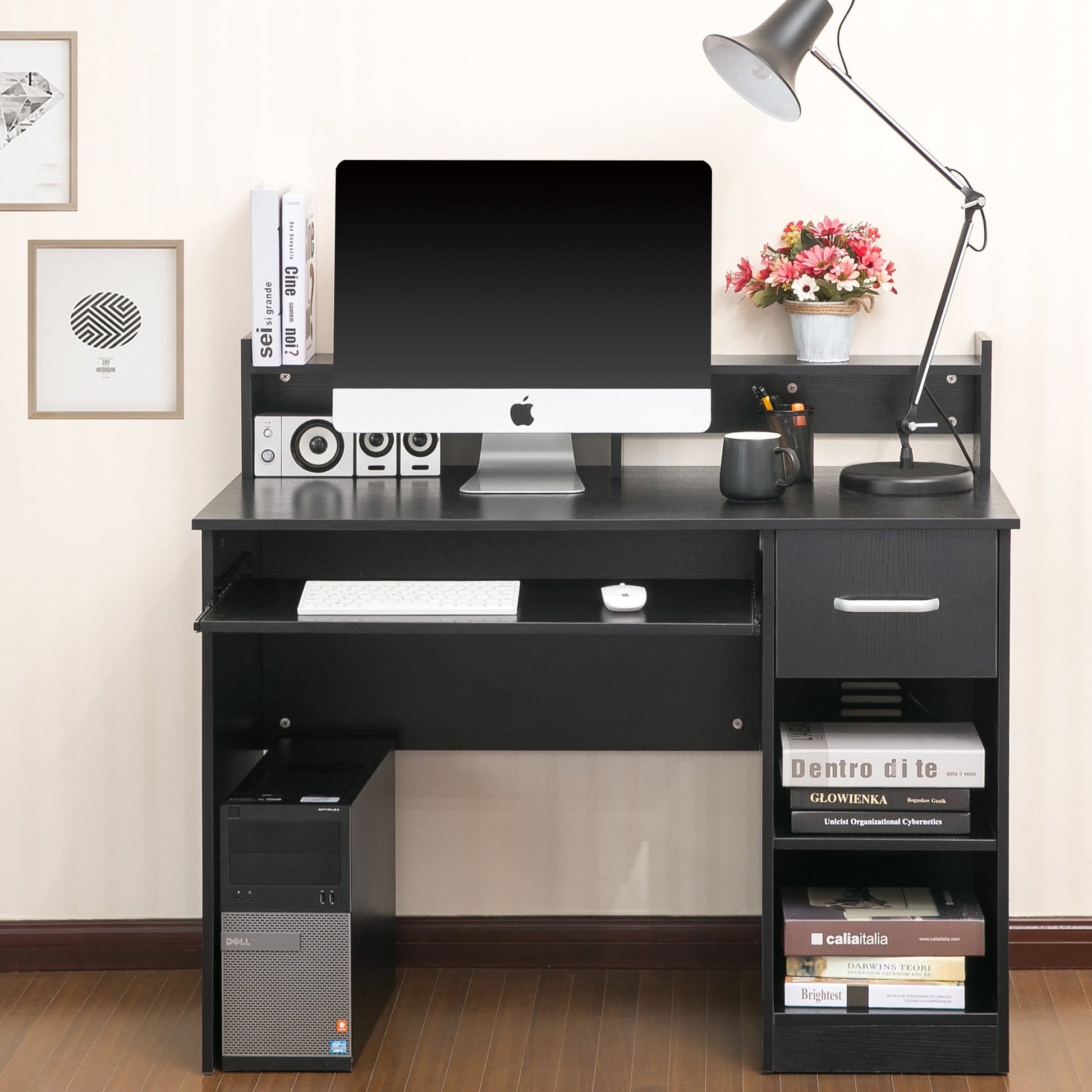 Wood Computer Desk Office Black Laptop PC Work Table Home Drawer & Keyboard Tray