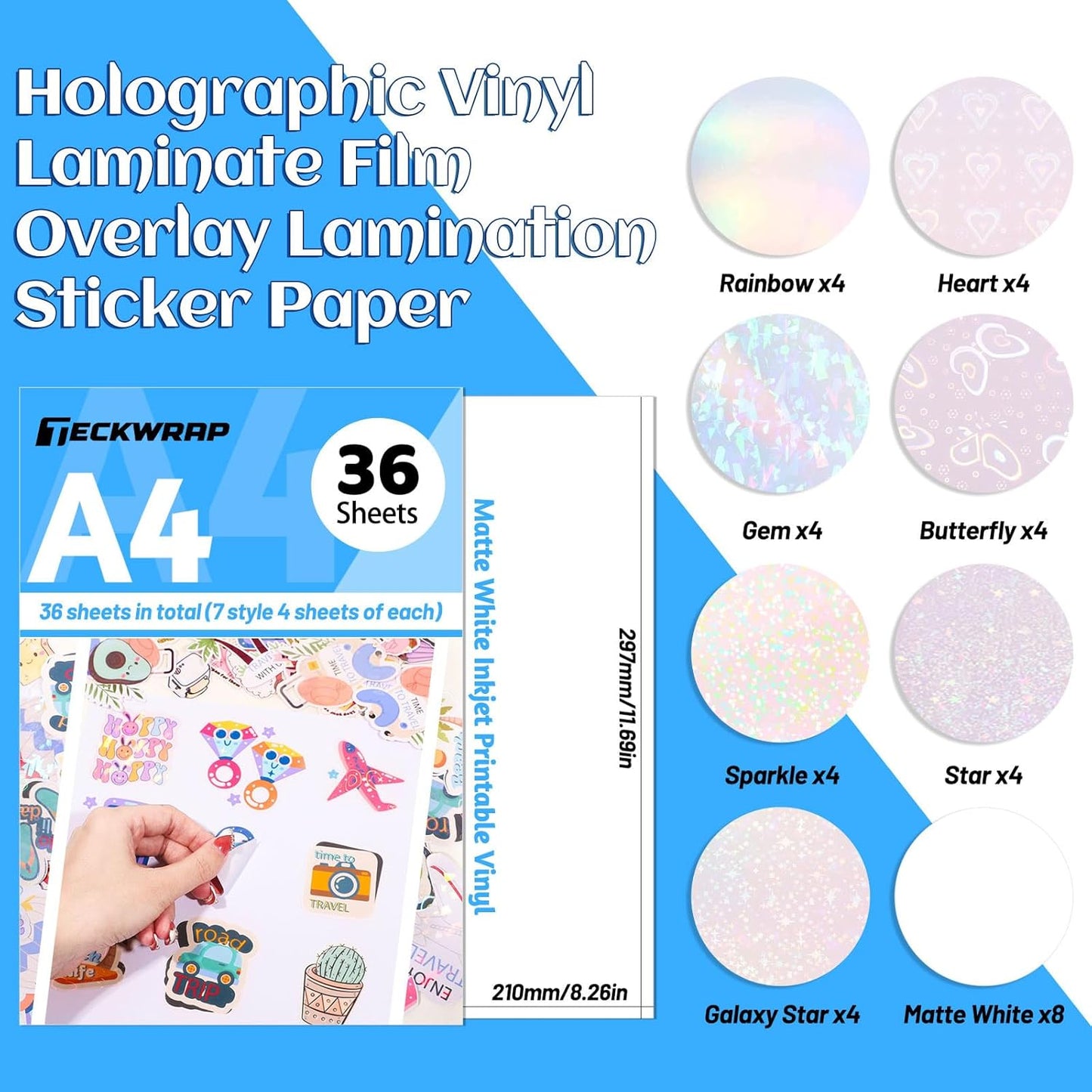 Sticker Paper for Inkject Printer Holographic Laminating Sheets Matte Inkjet Printable Vinyl 8.26" X 11.69" A4 36 Sheets Printer Paper Vinyl Stickers Waterproof Photo Paper