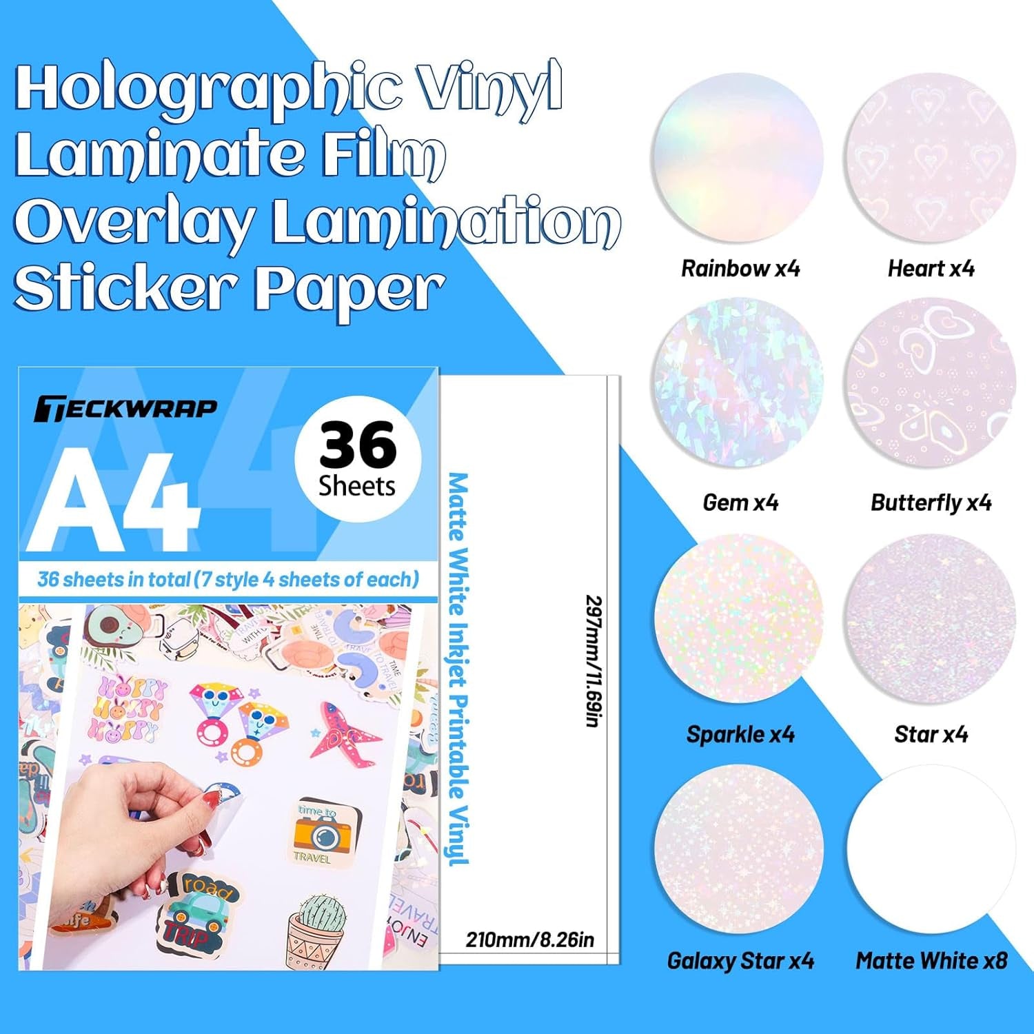 Sticker Paper for Inkject Printer Holographic Laminating Sheets Matte Inkjet Printable Vinyl 8.26" X 11.69" A4 36 Sheets Printer Paper Vinyl Stickers Waterproof Photo Paper