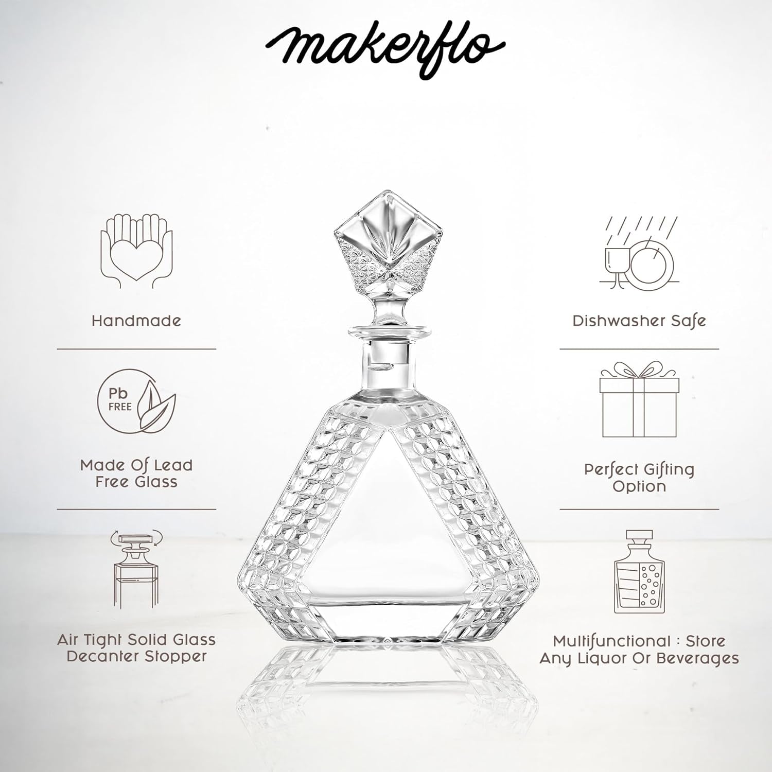 Makerflo Triangle Shape Glass Whiskey Decanter - 22 Oz Pack of 6 | Liquor Decanter with Airtight Bottle Stopper | Ideal Gift and Personalization (Laser Engraving, UV DTF, Vinyl, Epoxy)