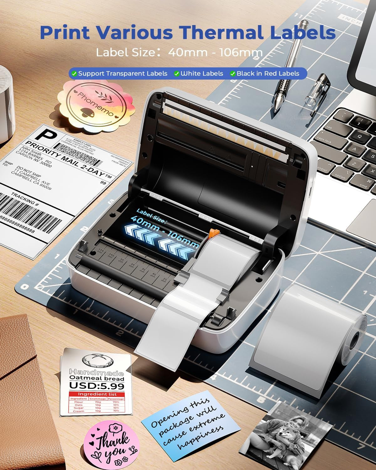 Phomemo Label Printer, Bluetooth M421 4 X 6 Shipping Label Printer, Thermal Portable Printers for Shipping, Warehouse, Barcode, Address,Compatible with Phone & PC