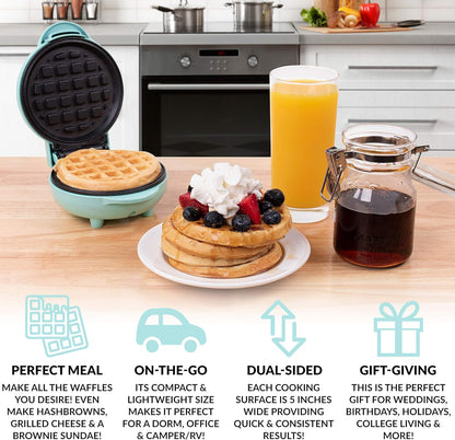 Nostalgia Mymini Personal Electric Waffle Maker, 5-Inch Cooking Surface, Waffle Iron for Hash Browns, French Toast, Grilled Cheese, Quesadilla, Brownies, Cookies, Aqua
