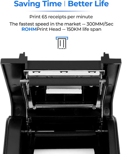 MUNBYN Receipt Printer P068, 3 1/8" 80Mm Direct Thermal Printer, POS Printer with Auto Cutter - Thermal Receipt Printer with USB Serial Ethernet Windows Driver ESC/POS Support Cash Drawer