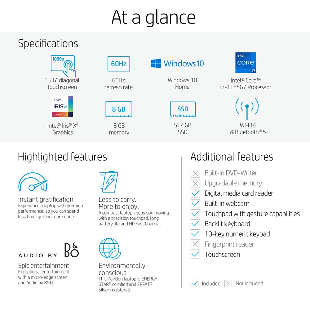 Pavilion 15.6" FHD Touch, Intel Core I7-1165G7, 8GB RAM, 512GB SSD, Lunar Gold, Windows 11, 15-Eg0070Wm