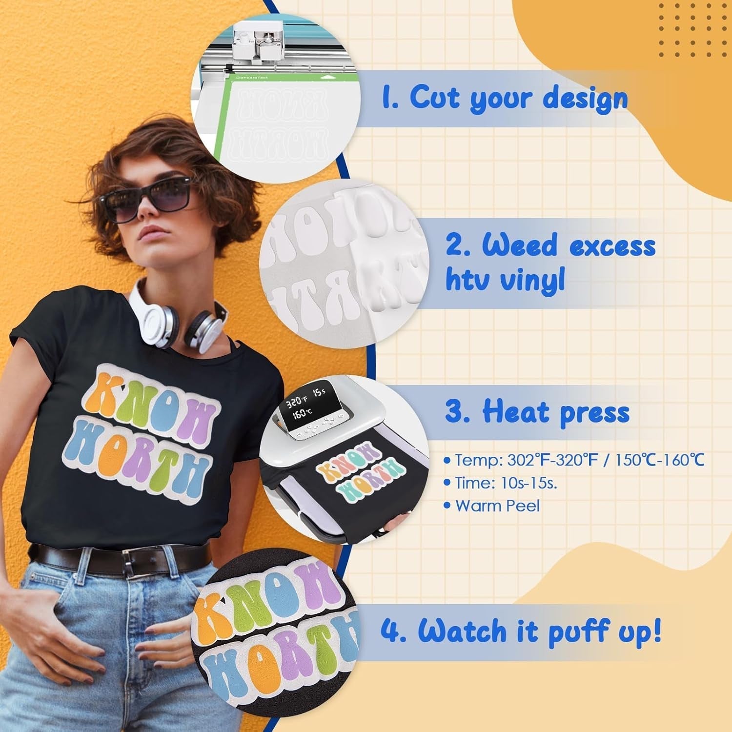 Puff Vinyl Heat Transfer - 10" X 60" 3D Adhesive HTV White Iron on Vinyl for All Cutter Machine Puffy Heat Press Vinyl for Shirts Easy to Cut & Weed (White)