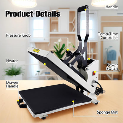 Colorsub Heat Press Machine for T-Shirt 15X15, Digital Industrial Quality Heat Press Machine Clamshell Transfer Sublimation Print Press Machine White
