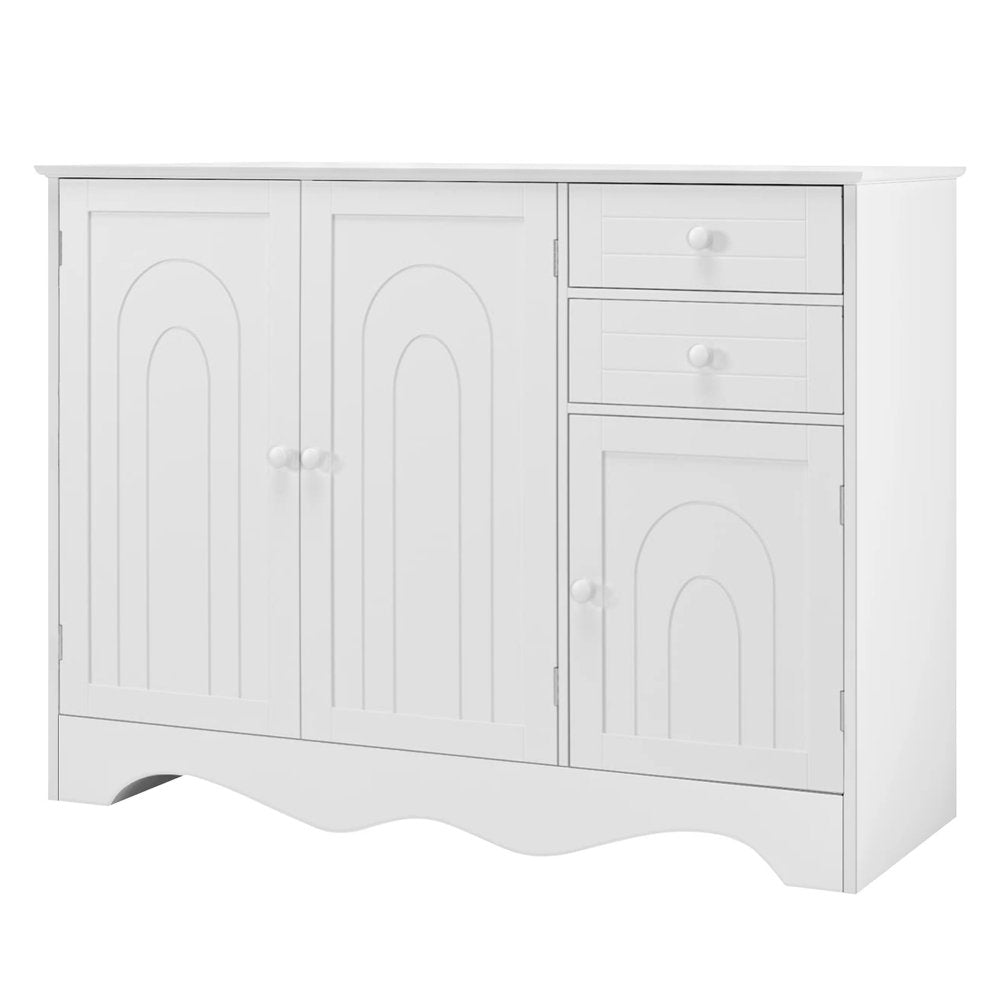 Kitchen Storage Cabinet, White Buffet Server Cupboard, Floor Sideboard Cabinet with 3 Doors and 2 Drawers for Living Room