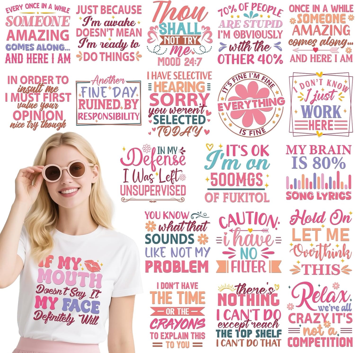 Sarcastic Quotes DTF Transfers Ready to Press - 20 Sheets Pink Iron on Transfers Iron on Decals Vinyl Design for Clothing Pillow Backpack Hoodie Hat Bag DIY Costume Craft