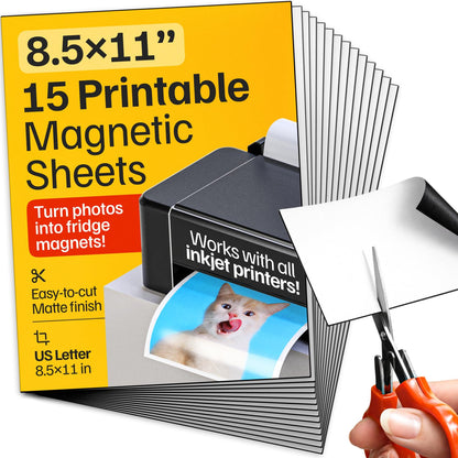 Printable Magnetic Sheets 15 Pcs Glossy (8.5"X11"/22X28Cm) – Inkjet-Optimized Flexible Magnetic Paper, Non-Adhesive - Ideal for Photo Magnets, Magnet for Cars, Refrigerator, Classroom and Office Decor