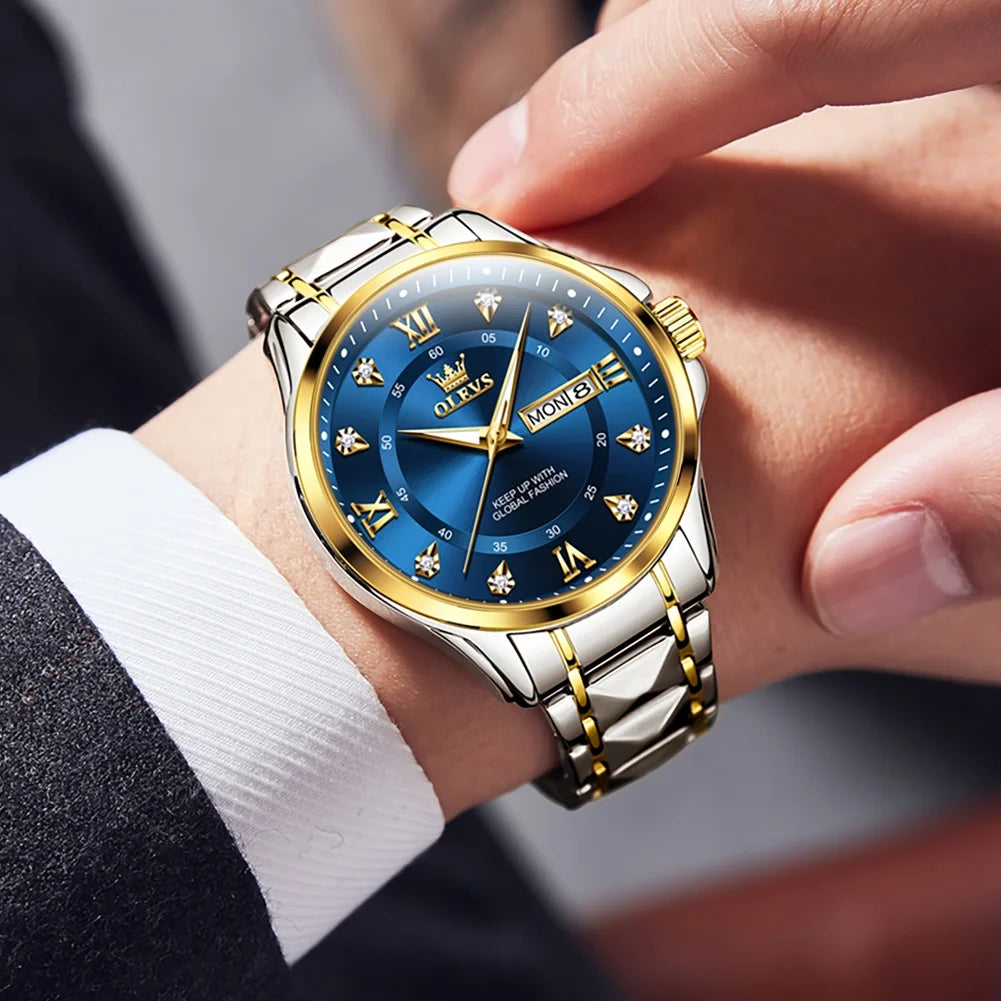 Watches for Men Business Dress Diamond Analog Quartz Date Luxury Classic Casual Stainless Steel Waterproof Luminous Mens Wrist Watches Gifts Reloj Para Hombre Blue/Gold/Black Dial