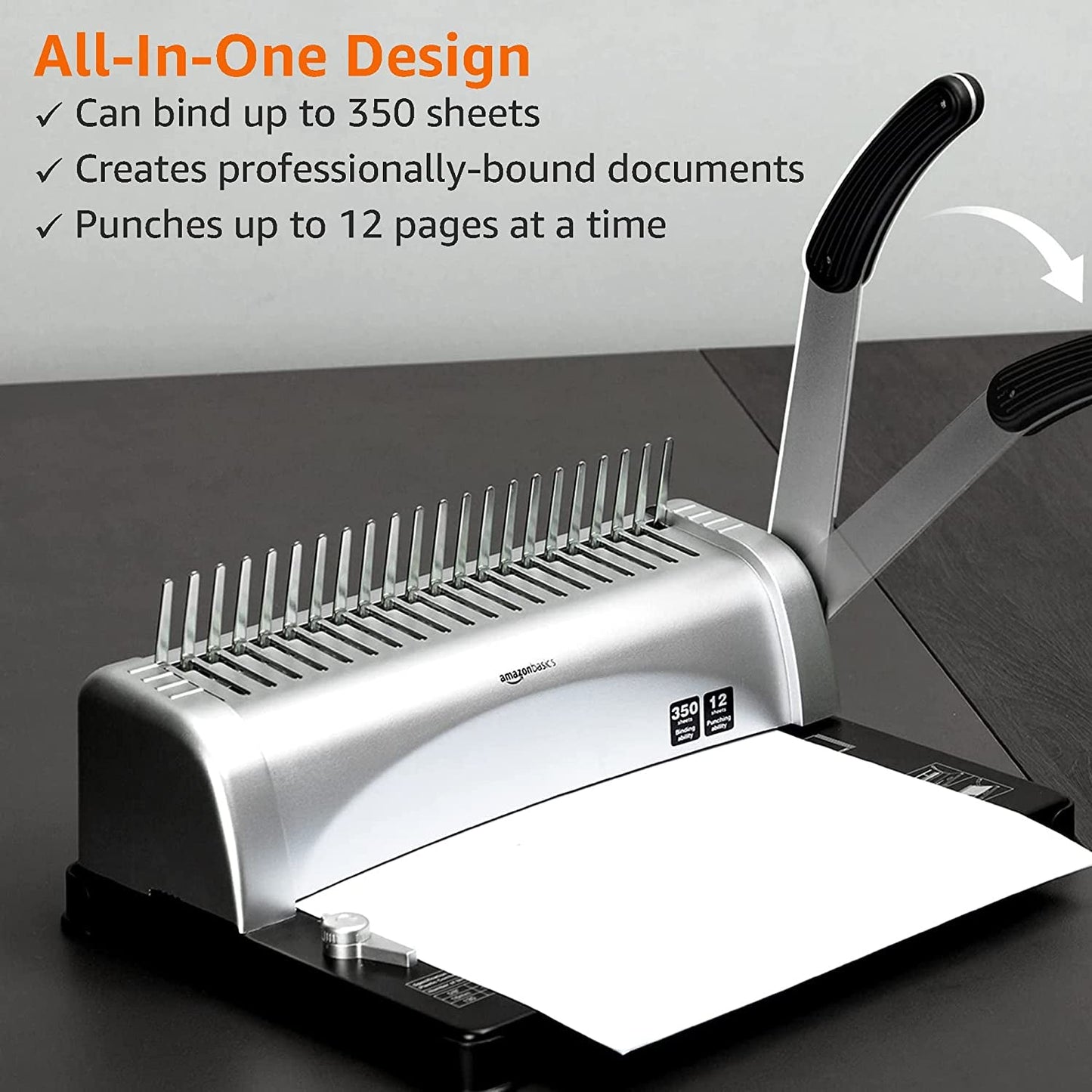Amazon Basics Comb Binding Machine, 350 Sheets Capacity, for Paper Sizes A5(15 Holes)/Letter(19 Holes)/A4(21 Holes) with Adjustable Margin, Grey