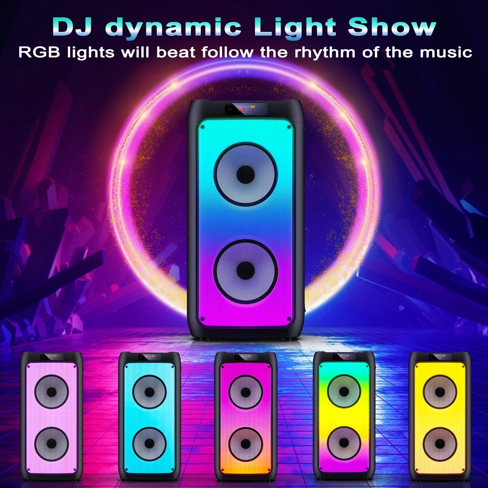 Party Speaker, Bluetooth Speaker with 2 Microphones, Dual 4'' Subwoofer Deep Bass