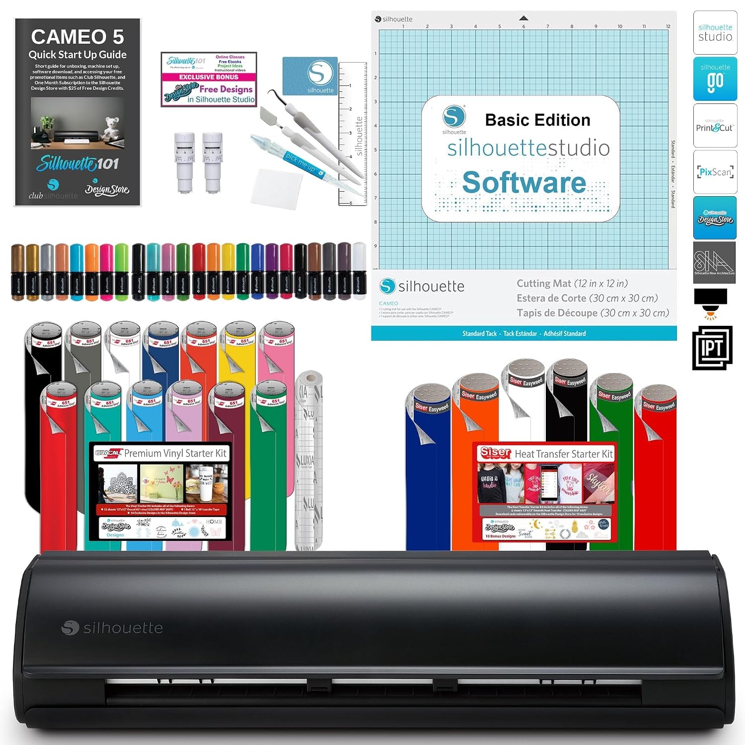 Cameo 5 Bundle with Vinyl and Heat Transfer Starter Kits, 24 Pack of Pens, Tool Kit, Start up Guide with Extra Designs (Matte Black)