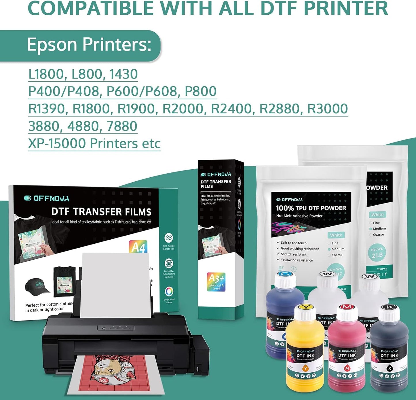 OFFNOVA Premium DTF Ink 1500ML, DTF Ink Refill for DTF Inkjet Printer ET-8550, XP-15000, L1800, L805, R1390, R2400, Direct to Film Heat Transfer Printing, 250Ml X 6 (CMYK + 2White)