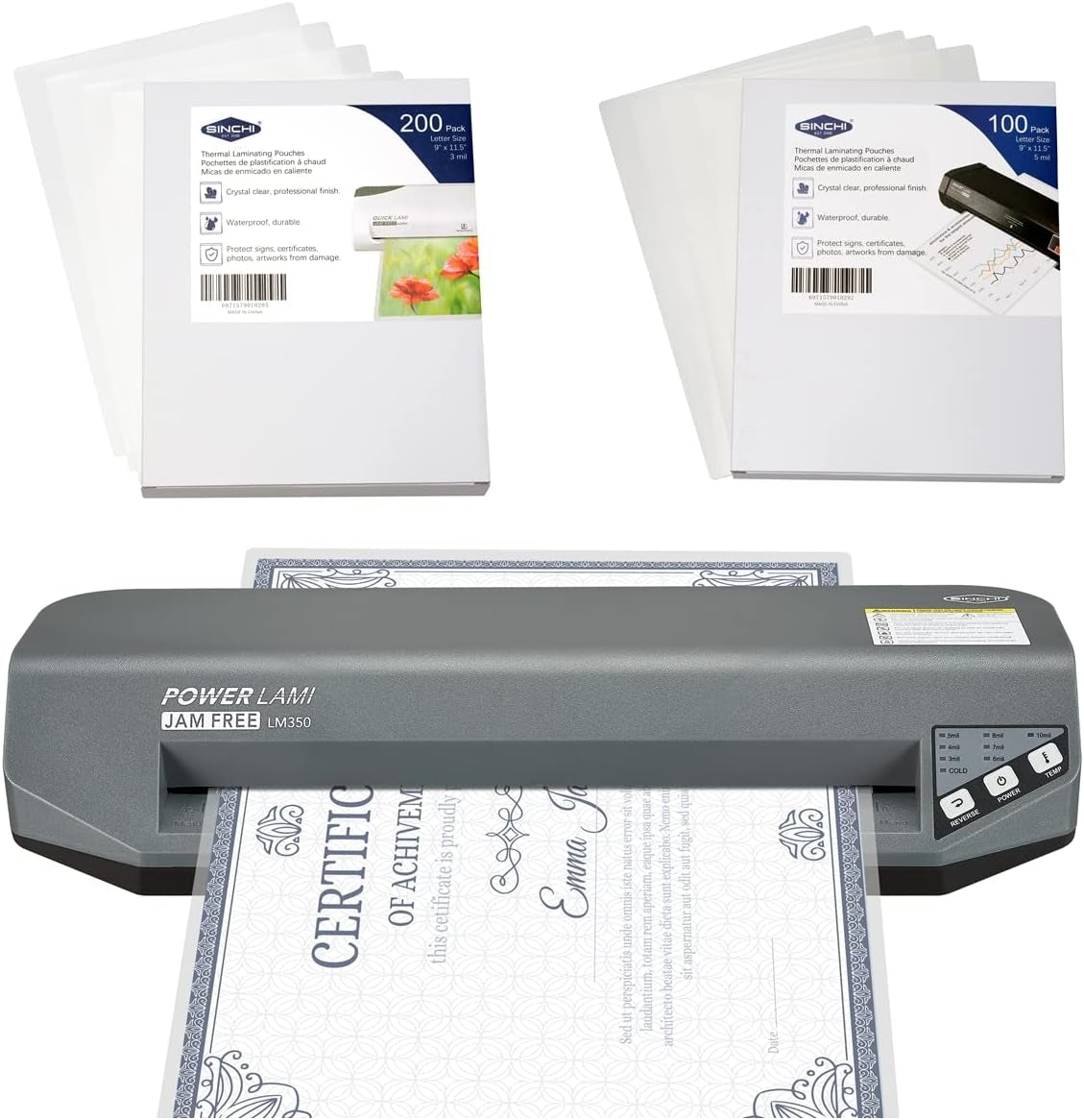 SINCHI Never Jam, 48-Second Warm-Up, 3-10 Mil, 13" Laminator & 3 Mil 200 Pack & 5 Mil 100 Pack Laminating Sheets