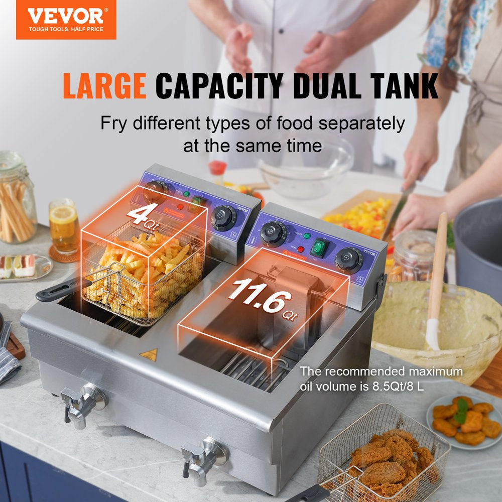 Commercial Electric Deep Fryer Countertop Deep Fryer with Dual Tanks 3000W