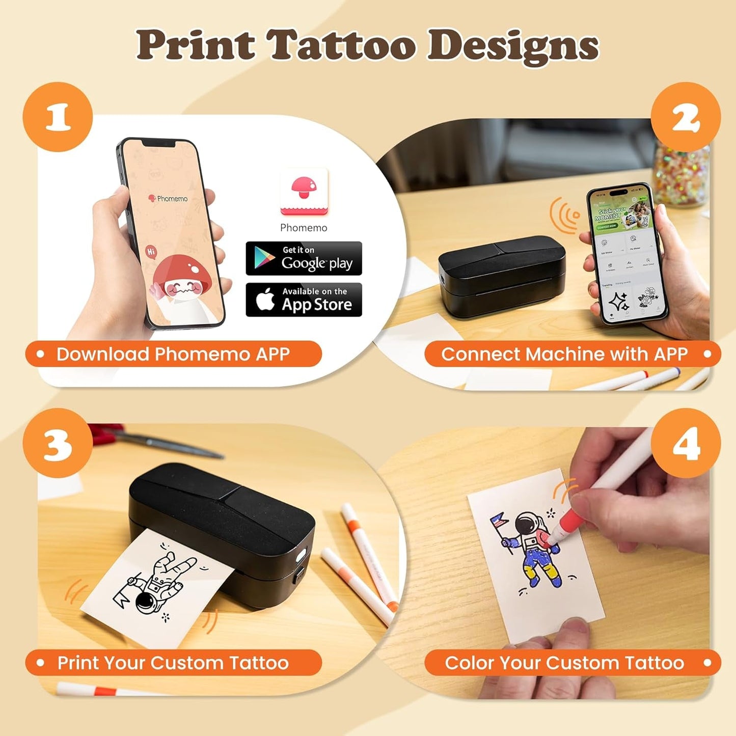 Phomemo TK32 Temporary Tattoo Maker Kit - Easy DIY Custom Tattoo Stickers in a Minute | Complete Set with 8 Markers & 50 Papers | Perfect Party Gift for Kids & Adults to Create Fun