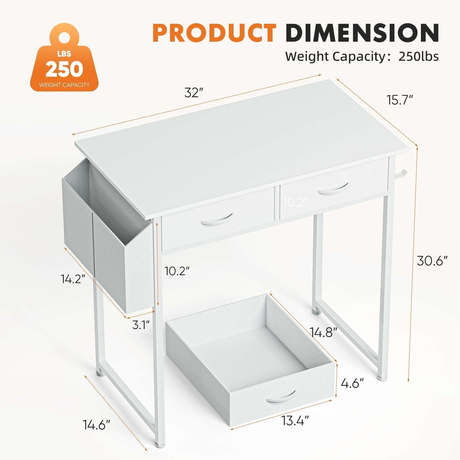 Small Desk with 2 Drawers 32 Inch Bedroom Kids Student Vanity Home Office Computer PC Table with Fabric Storage Bag, Study Writing Wood Deskboard for Small Spaces,White