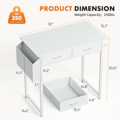 Small Desk with 2 Drawers 32 Inch Bedroom Kids Student Vanity Home Office Computer PC Table with Fabric Storage Bag, Study Writing Wood Deskboard for Small Spaces,White