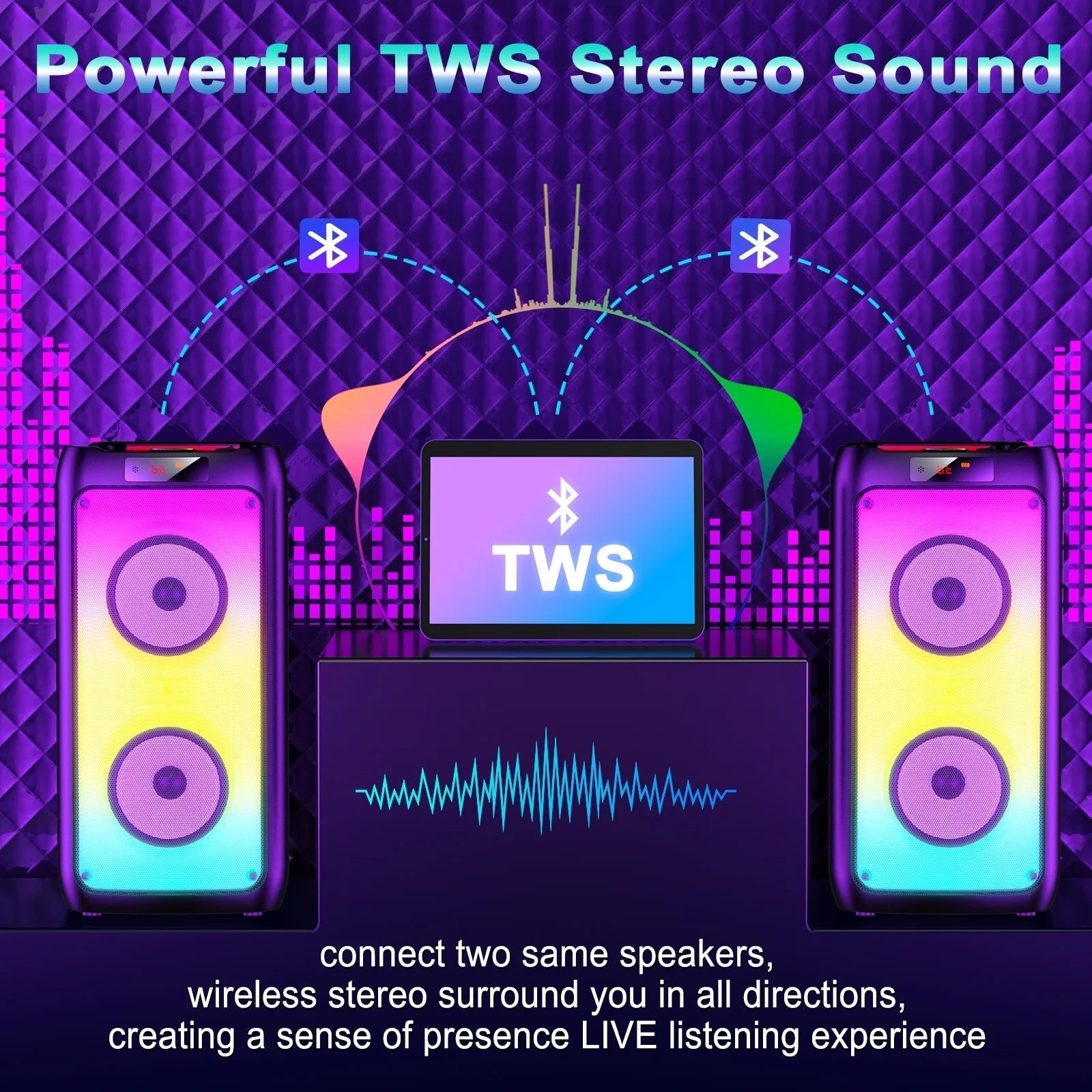 Party Speaker, Portable Bluetooth Speaker with 2 Microphone, Stereo Bass Speaker for Christmas Party
