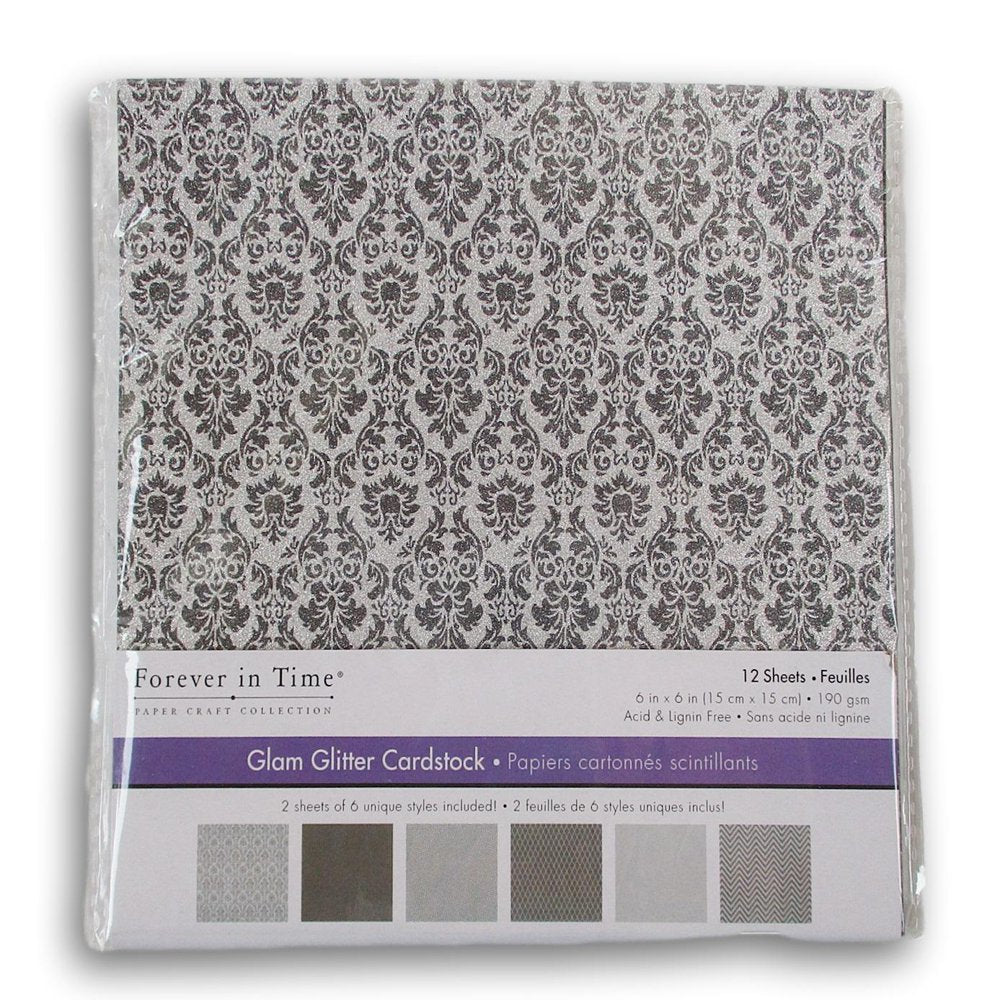Glam Glitter Patterned Card Stock - 6 X 6 Inches - 12 Sheets of Silvery Patterns