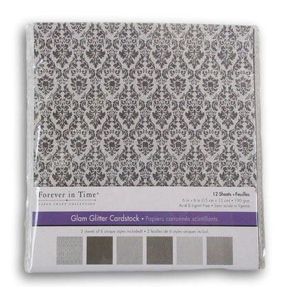 Glam Glitter Patterned Card Stock - 6 X 6 Inches - 12 Sheets of Silvery Patterns