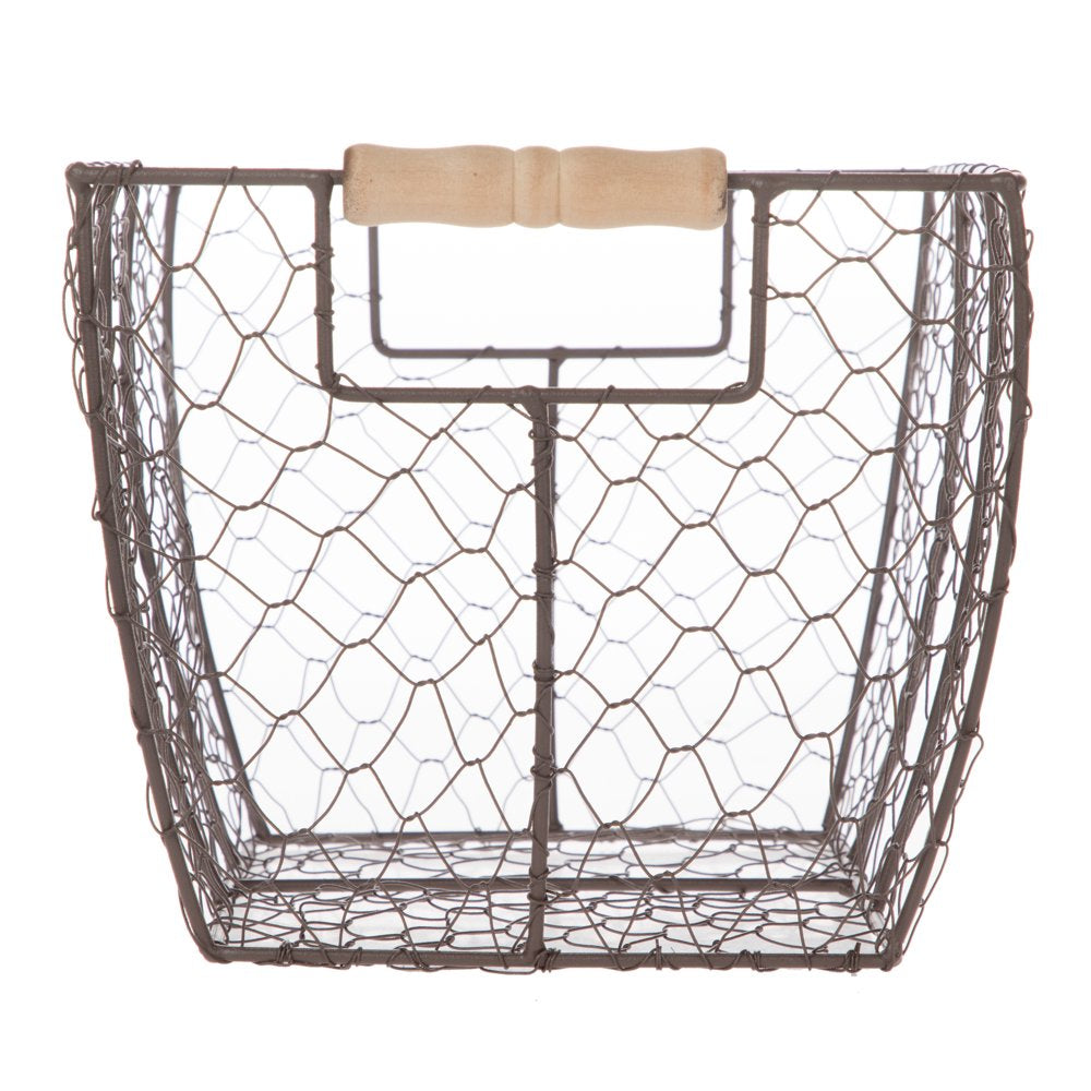 Decorative Brown Chicken Wire Basket with Wood Handles. 12.2X8X7.28