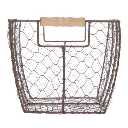 Decorative Brown Chicken Wire Basket with Wood Handles. 12.2X8X7.28