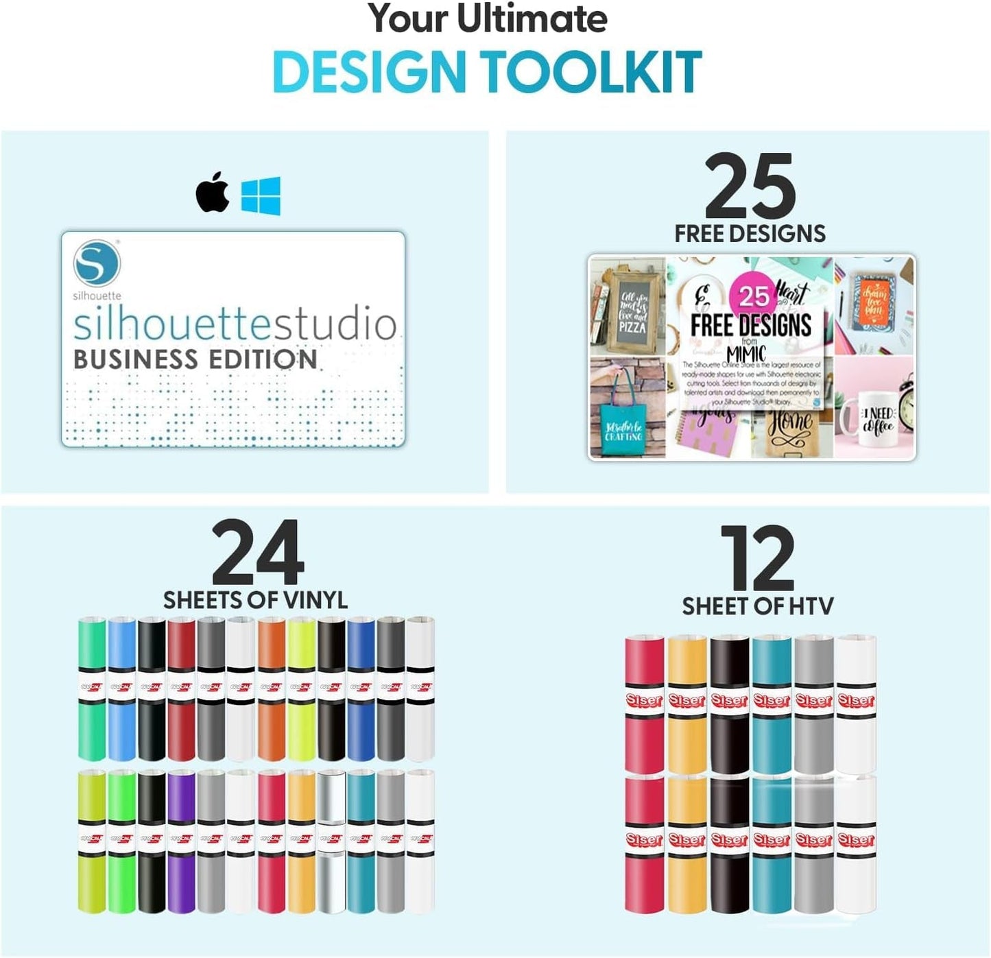 Silhouette America Cameo 5 Alpha (Α) Smart Cutting Machine, Classic White (Deluxe Bundle) - Includes Business Edition Software, 12 HTV, 24 Oracal Vinyl Sheets, Pixscan Mat, Tool Kit & 25 Free Designs