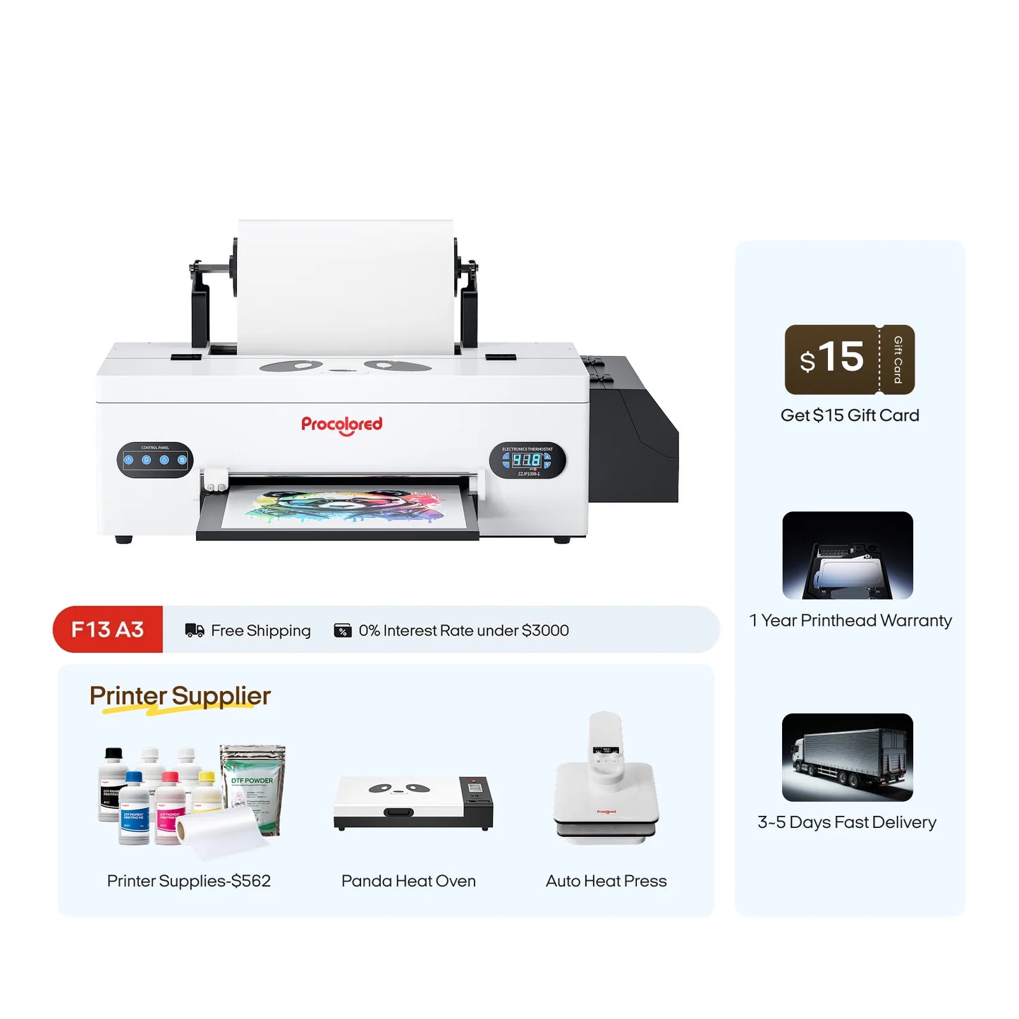 Procolored F13 Panda DTF Printer 13" A3 L1800 & Complete Bundle