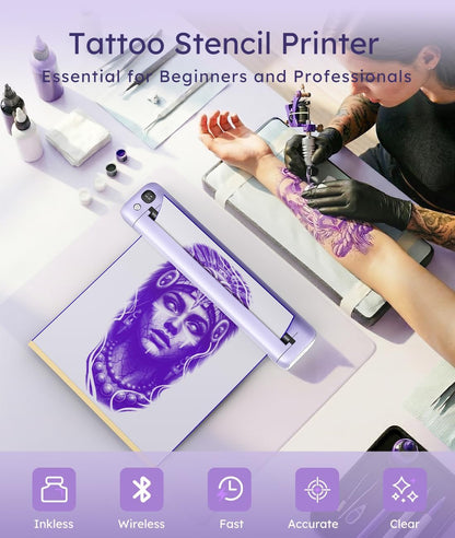 Rongta Tattoo Stencil Printer, F81S Wireless Thermal Tattoo Machine with 5Pcs Transfer Paper, Compatible with Phone/Tablet/Pc/Laptop, Bluetooth Tattoo Printer for Tattoo Artist & Beginner, Purple