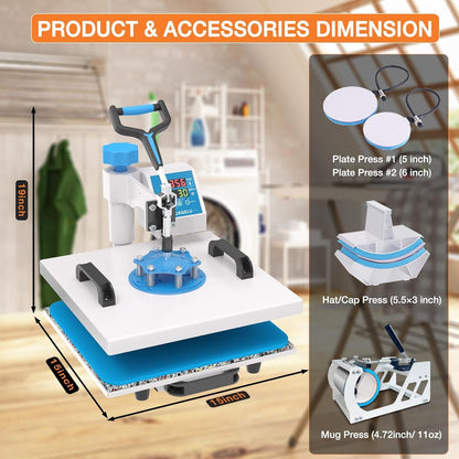 Horgelu 5 in 1 Heat Press Machine 15X15 Inch Heat Transfer Machine 360-Degree Swing Away Multifunction Digital Sublimation Combo Heat Press for T Shirt Mug Hat Plate for Commercial Home 110V