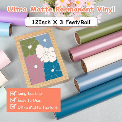 Permanent Adhesive Vinyl Bundle for Crafting Cutter 12" X 36"/Rolls (Matte Olive,Rose Gold,Ivory White,Cobalt Blue,Teal)